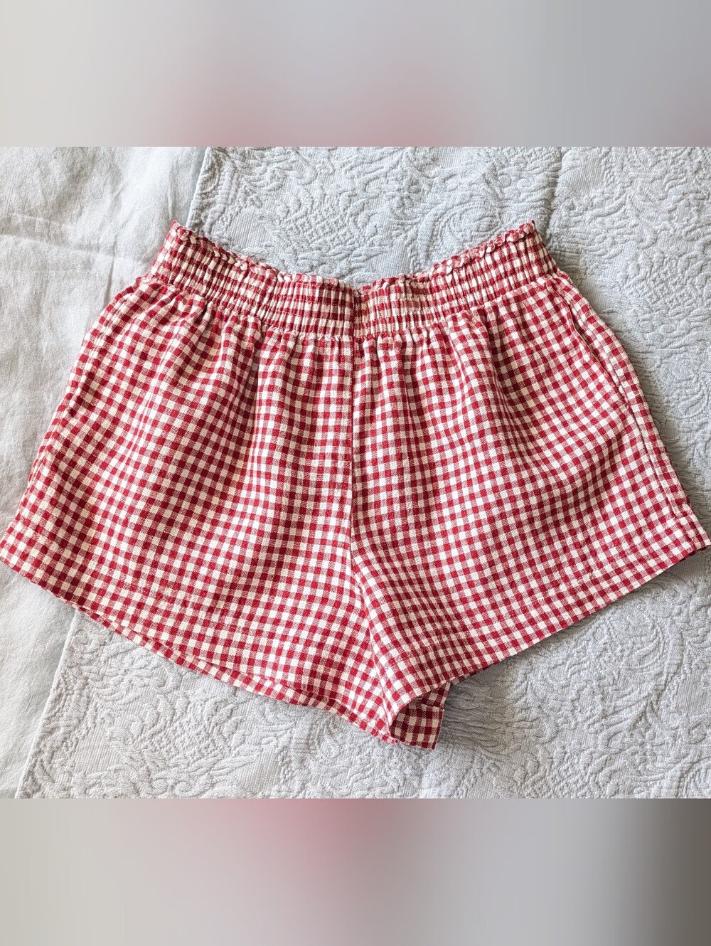 Reformation Red & White Gingham High Rise Elastic-Waist Shorts